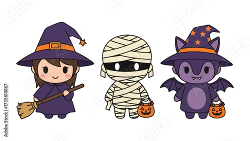 Cute Halloween Trio: A charming illustration of a witch, a mummy, and a bat, each holding a pumpkin, captures the essence of Halloween in a playful and delightful style.
