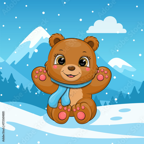 Cute cartoon Bear with blue scarf in winter. Vector Illustration of Animal in nature on a blue background with snow.