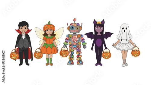 A Costume Parade for All: A delightful array of children, each adorned in imaginative costumes, standing shoulder-to-shoulder. From classic vampire to the ethereal ghost.