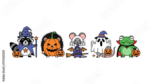 Whimsical Halloween Animals: A charming assortment of Halloween-themed cartoon animals, each dressed in a unique costume and holding a jack-o'-lantern, evoke the fun of All Hallows' Eve.