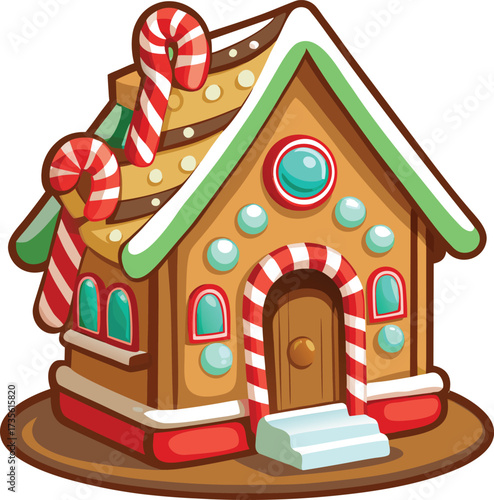 Christmas Gingerbread Villages festive cookie house with striped awning and candy