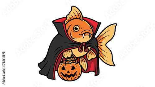 Spooky Fishy Halloween: A creative illustration of a goldfish, artfully costumed as a vampire, clutching a Jack-o'-lantern, embodying Halloween spirit. 
