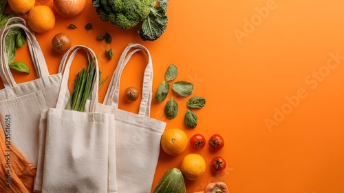 Organic fruits and vegetables in eco-friendly fabric bags.

Zero waste shopping with reusable canvas tote bags.