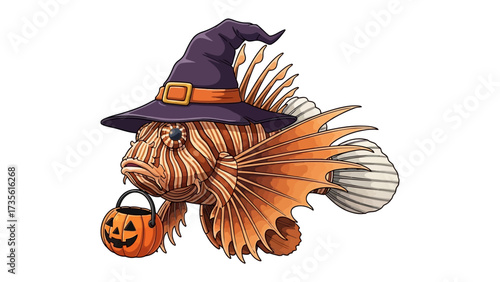 Halloween Lionfish with Witch Hat: A playful illustration of a Lionfish, adorned in a witch hat, holding a pumpkin bucket, embodying the festive spirit of Halloween with a touch of aquatic charm.