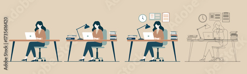 Female Office Worker with Laptop and Books Illustration