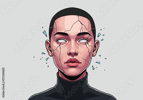 A digitally rendered portrait of a person's face, fractured and cracked, with glowing white eyes.