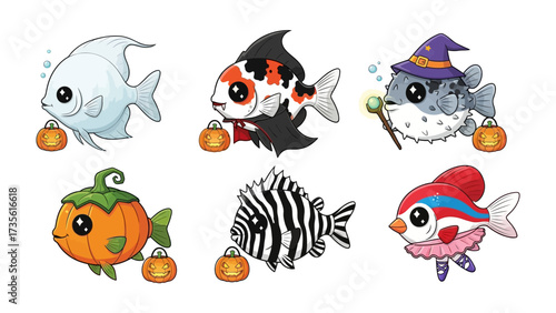 Halloween Aquarium Creatures: A vibrant, whimsical scene showcasing an array of creatively designed aquarium creatures dressed in Halloween costumes, offering a charming and festive atmosphere.