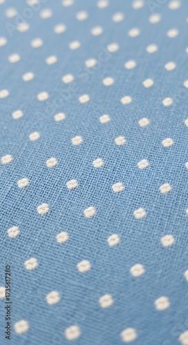 A detailed view of light blue fabric with white polka dots, highlighting the texture and pattern, perfect for backgrounds, textiles, and retrothemed designs
