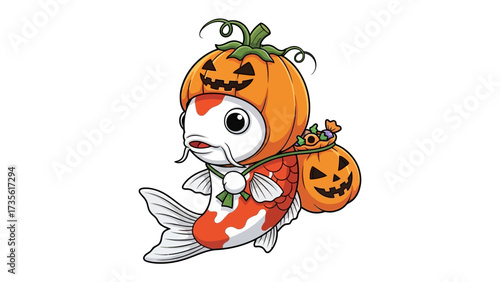Halloween Koi: An adorable koi fish wearing a jack-o'-lantern costume and a bag of treats, perfect for Halloween decorations and fun.