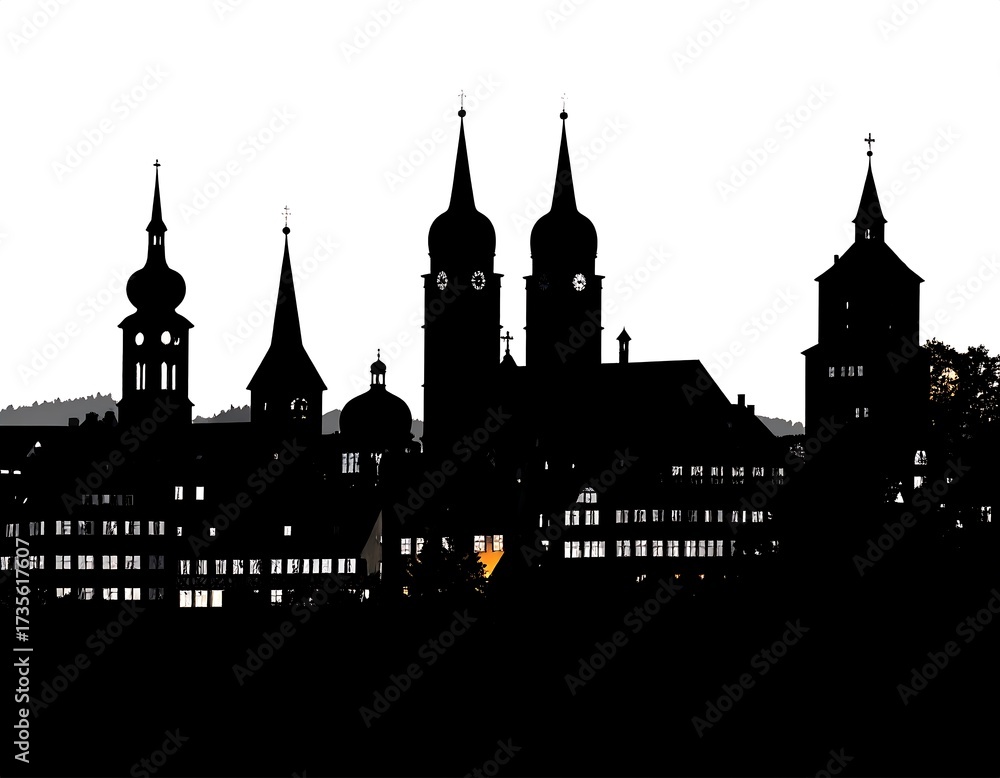 Fototapeta premium Silhouette of European Cityscape with Towers.