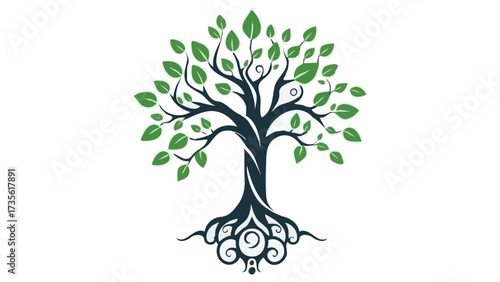 A stylized vector illustration of a green tree with prominent roots, symbolizing nature, growth, and life in an ecology design