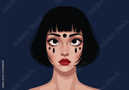 A stylized portrait of a woman with dark hair and dramatic facial markings, staring intently.