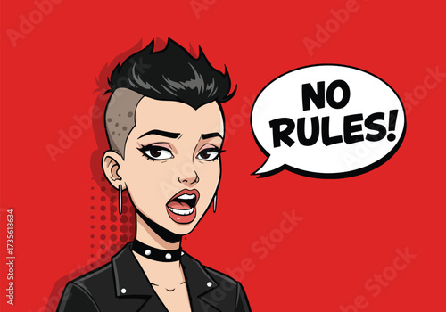 A stylized illustration depicts a woman with a bold hairstyle and a speech bubble.