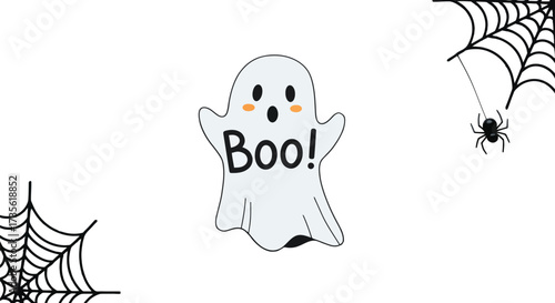 Cute ghost with boo message and spiderwebs for halloween decorations flatlay