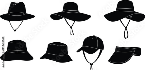 Collection of sun hats, bucket hats, caps and visor silhouettes, fashionable outdoor headwear set for summer, beach, travel and protection