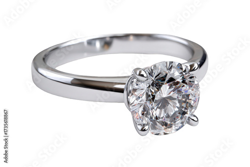Elegant Round Cut Diamond Solitaire Engagement Ring in White Gold Metal Setting on Transparent Background Radiating Sparkle and Sophistication for Timeless Love