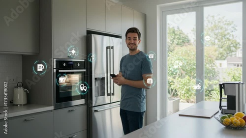 Man using a smartphone to control his futuristic smart home system in a modern kitchen.