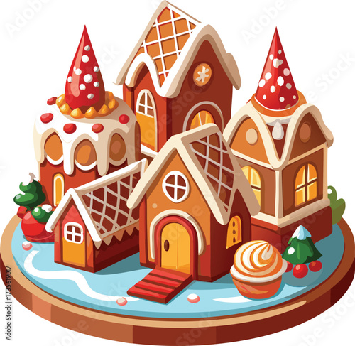 Christmas Gingerbread Villages cozy gingerbread cottage with green trim and icing snow