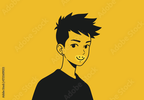 Cartoon illustration of a young man with spiky hair, wearing a dark shirt, against a yellow background.