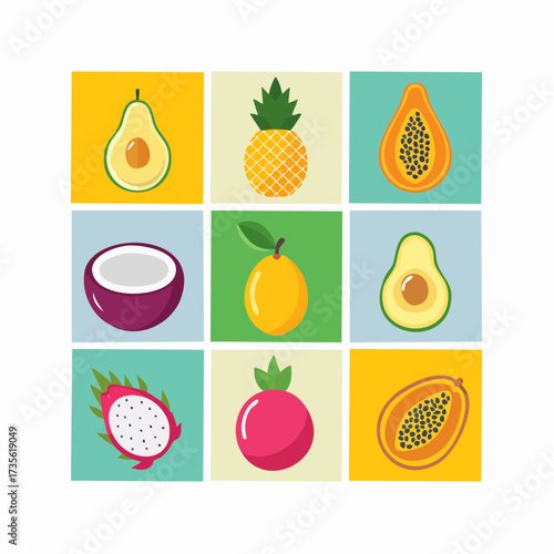 Flat design tropical fruits icons including avocado, pineapple, papaya, coconut, mango, dragon fruit, and pomegranate on colorful backgrounds.