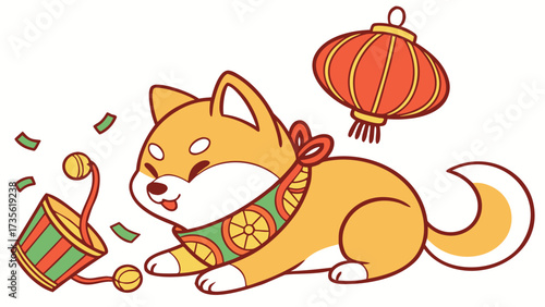 Cute SVG of a Sleepy Shiba inu in Year of the Dragon (or relevant animal) colors, featuring with a scarf in a Lunar New Year / Chinese New Year setting