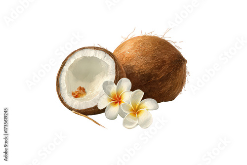 Halved Coconut and Whole Coconut with Plumeria Flowers on Transparent Background Food Still Life Tropical Fruit Composition Close Up Studio Shot for Adobe Stock