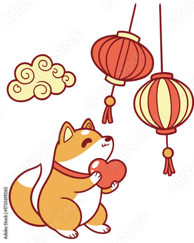 Dreamy expression on a Shiba inu in a Lunar New Year / Chinese New Year theme, with holding a heart – Year of the Dragon (or relevant animal) vector art