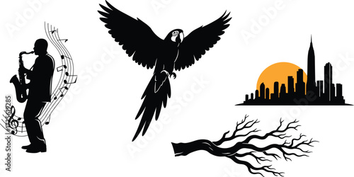 Saxophone player silhouette with music notes, flying parrot vector art, city skyline sunset design, tree branch illustration
