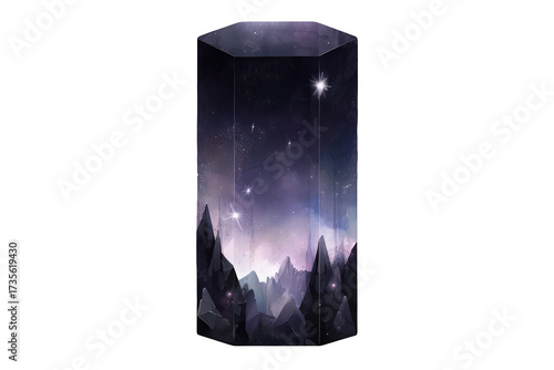 Pixelated Starry Night Scene in Rectangular Prism with Black Backdrop Digital Art Landscape Mountains Starry Sky Galactic Space Exploration Concept Fantasy and Imagination Pixel Art Style Transparent
