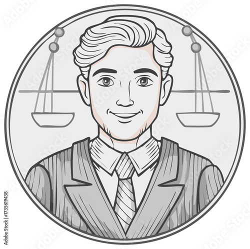 Attorney Illustration with Scales of Justice in Circle Frame Advocate Legal Professional