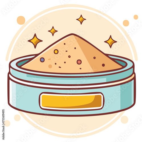 Cute cartoon illustration of sparkling cosmetic face powder in a blue jar