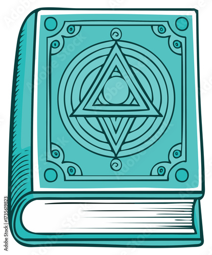 Teal colored ancient book with mystical triangle and circle symbol illustration