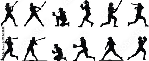 Softball player silhouettes, female athletes in action poses, sports vector illustration, baseball training clipart, competitive game design artwork