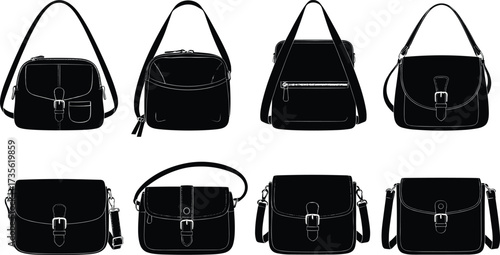 Vector collection of crossbody satchels, buckle flap bags, structured messenger purses, small shoulder bags, vintage crossbody handbags, and modern accessories