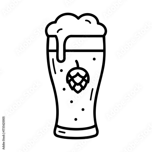 Beer glass with foam and hop icon in minimal line art style  