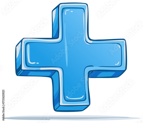 Shiny blue 3D plus sign icon in a glossy cartoon style. Vector illustration.