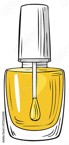 Cartoon drawing of an open bottle of yellow nail polish with an applicator brush