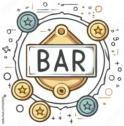 Hand Drawn Bar Sign with Decorative Elements Cartoon Illustration Vector