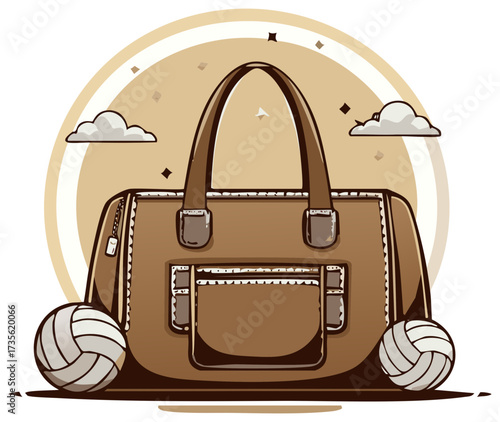 Brown Sport Duffle Bag with Handles Next to Volleyballs with a Circular Backdrop