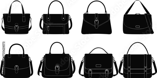 Vector collection of satchel handbags, structured purses, leather office bags, classic tote designs, stylish women shoulder bags, and modern fashion accessories
