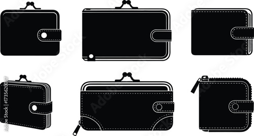 Vector collection of wallets, coin purses, zip wallets, clasp wallets, leather card holders, compact money pouches, and small accessories
