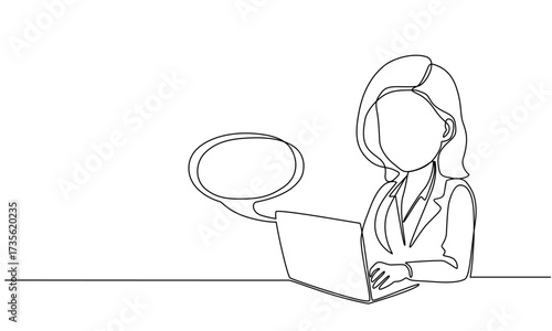 Woman with laptop computer in one continuous line drawing. Symbol of online texting and dialogue.