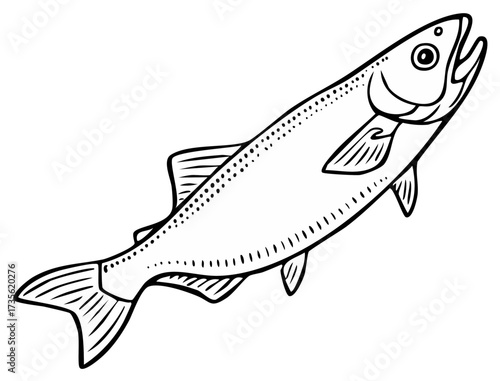 Black and white line art illustration of a jumping salmon or trout fish