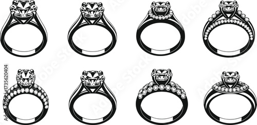 Vector illustration of diamond engagement rings, luxury jewelry collection, wedding bands, solitaire and bridal rings in elegant black and white