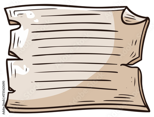 Old blank lined parchment paper with jagged edges and curled corners, vintage cartoon illustration