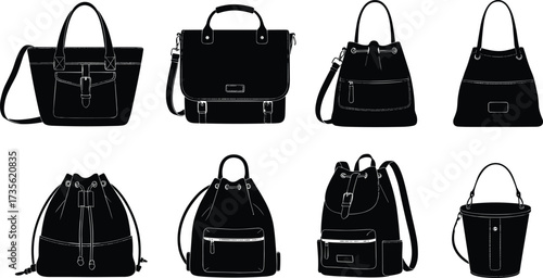 Vector illustration of tote bags, backpacks, satchels, bucket purses, stylish drawstring handbags, modern women accessories, leather fashion bag design