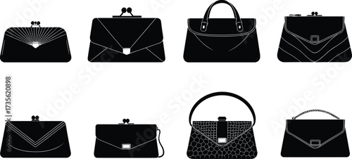 Vector illustration of vintage clutch purses, elegant clasp handbags, classic evening bags, retro fashion accessories, stylish women handbags collection design