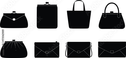 Vector illustration of vintage coin purses, clasp handbags, classic tote bags, elegant clutch purses, envelope bags, stylish women fashion accessories