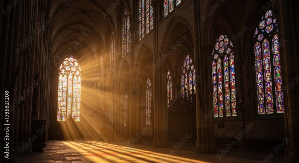 Obraz premium Dramatic interior perspective showcases light streaming through stained-glass windows, illuminating the arched ceiling and stone floor within a historic structure, casting shadows and creating a...