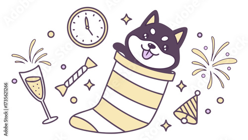 Whimsical Shiba inu feeling Mischievous in a New Year's Eve/Day setting with snuggled in a sock – colored in New Beginnings